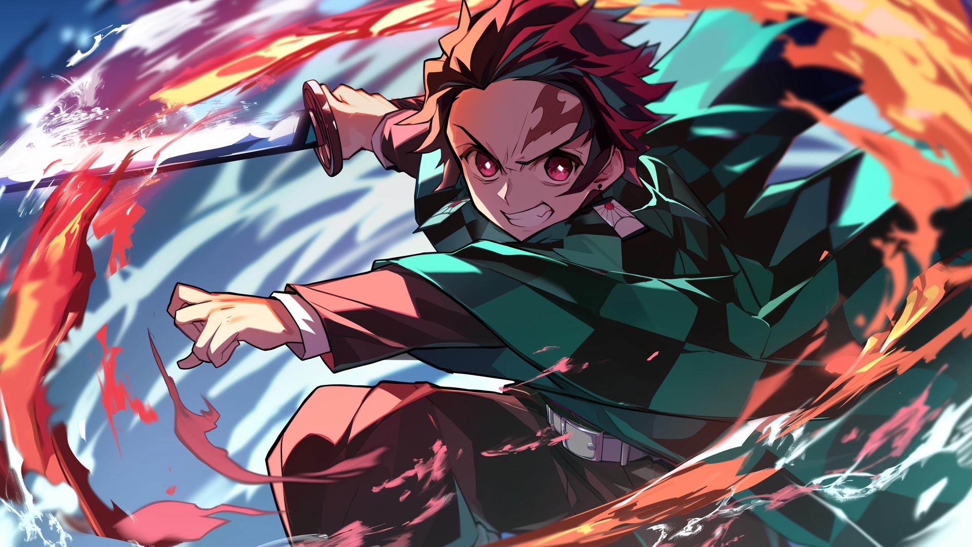 Download Demon Slayer Tanjiro Kamado Fire Breathing Sword Desktop Wallpaper