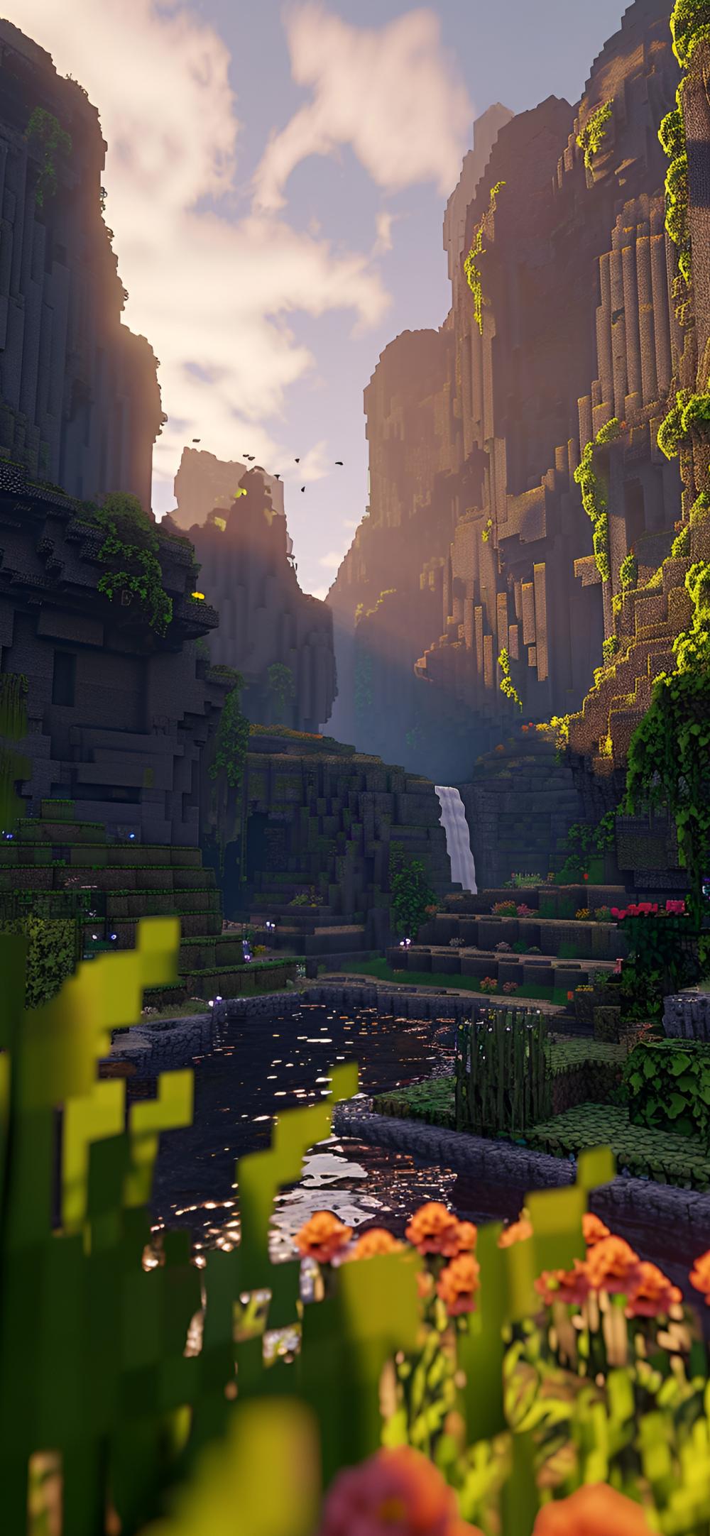 Download Minecraft Epic Canyon Waterfall Scenery Wallpaper