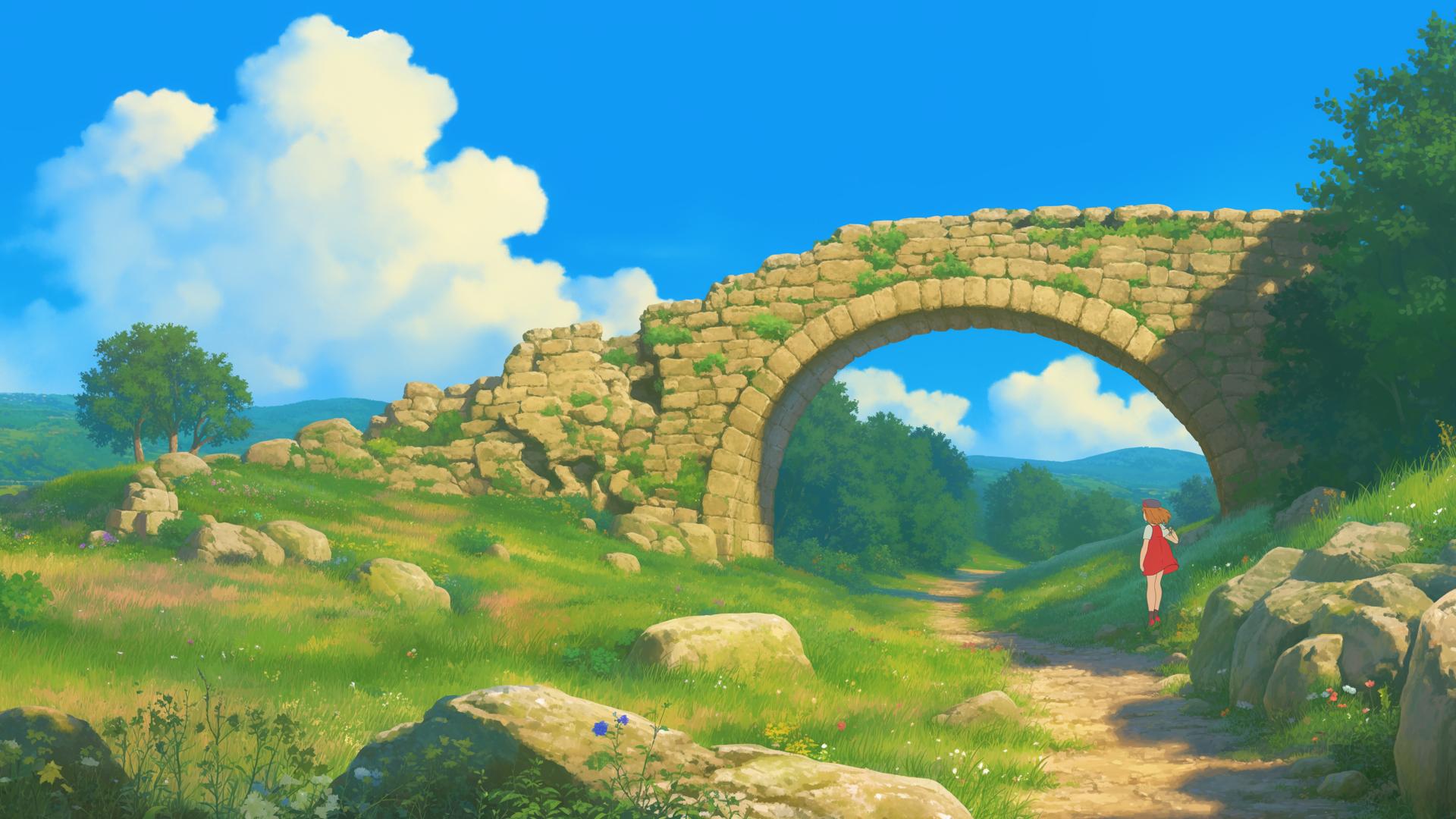 Download Girl Ancient Bridge Sunny Day