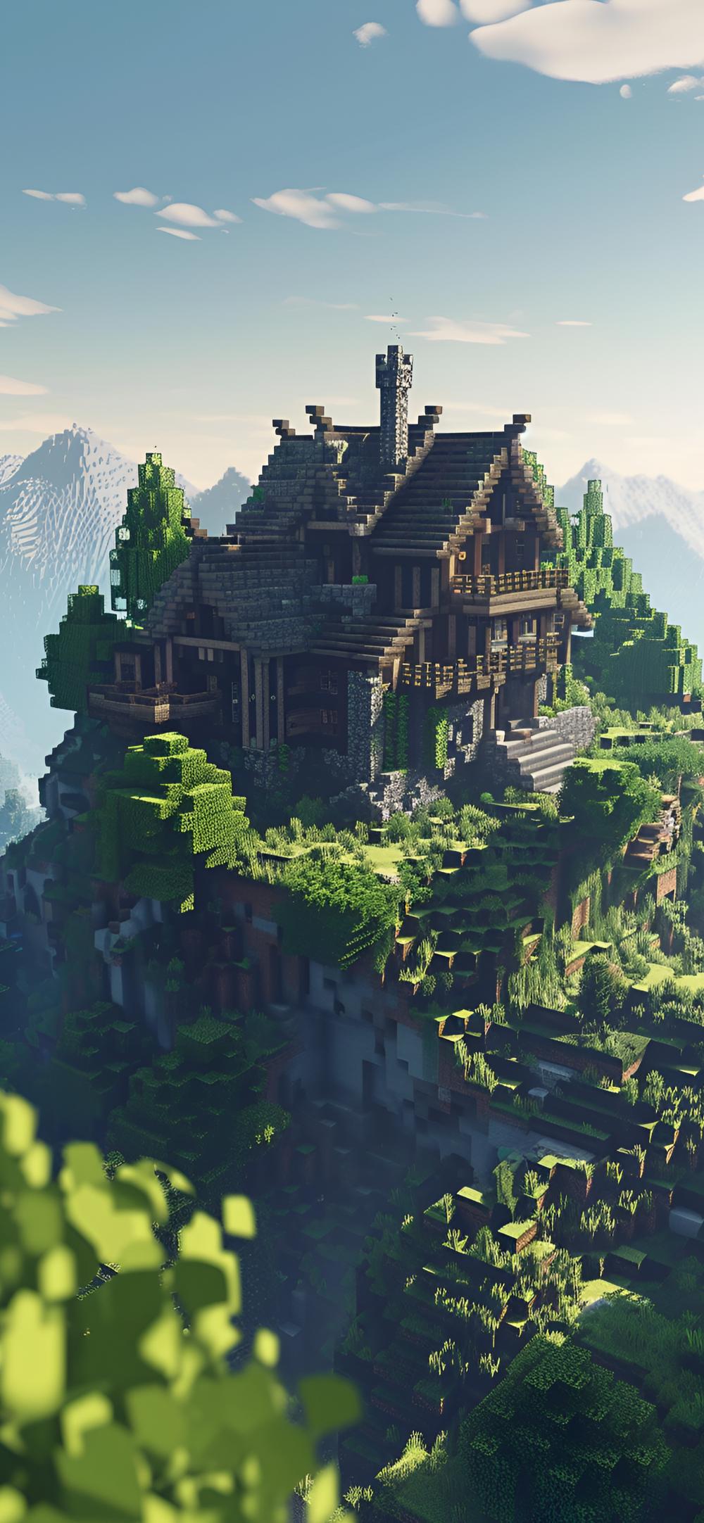 Download Minecraft Mountain Cabin Pixelated Landscape