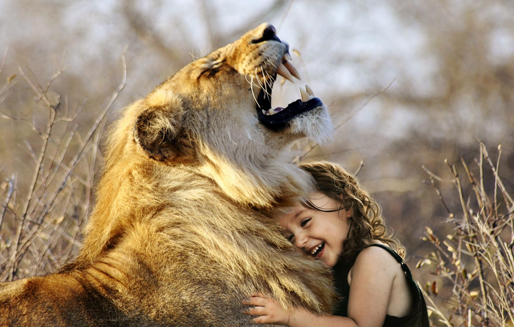 Download girl embracing lion roar