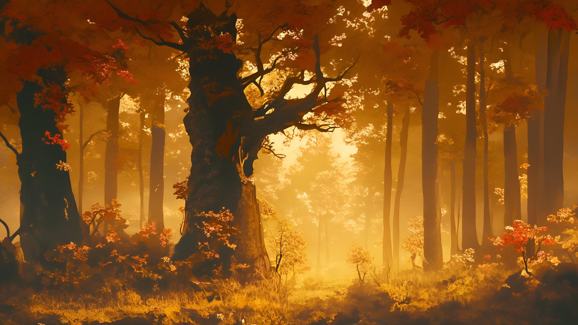 Download Golden Autumn Forest Trees Leaves Sunlight Desktop