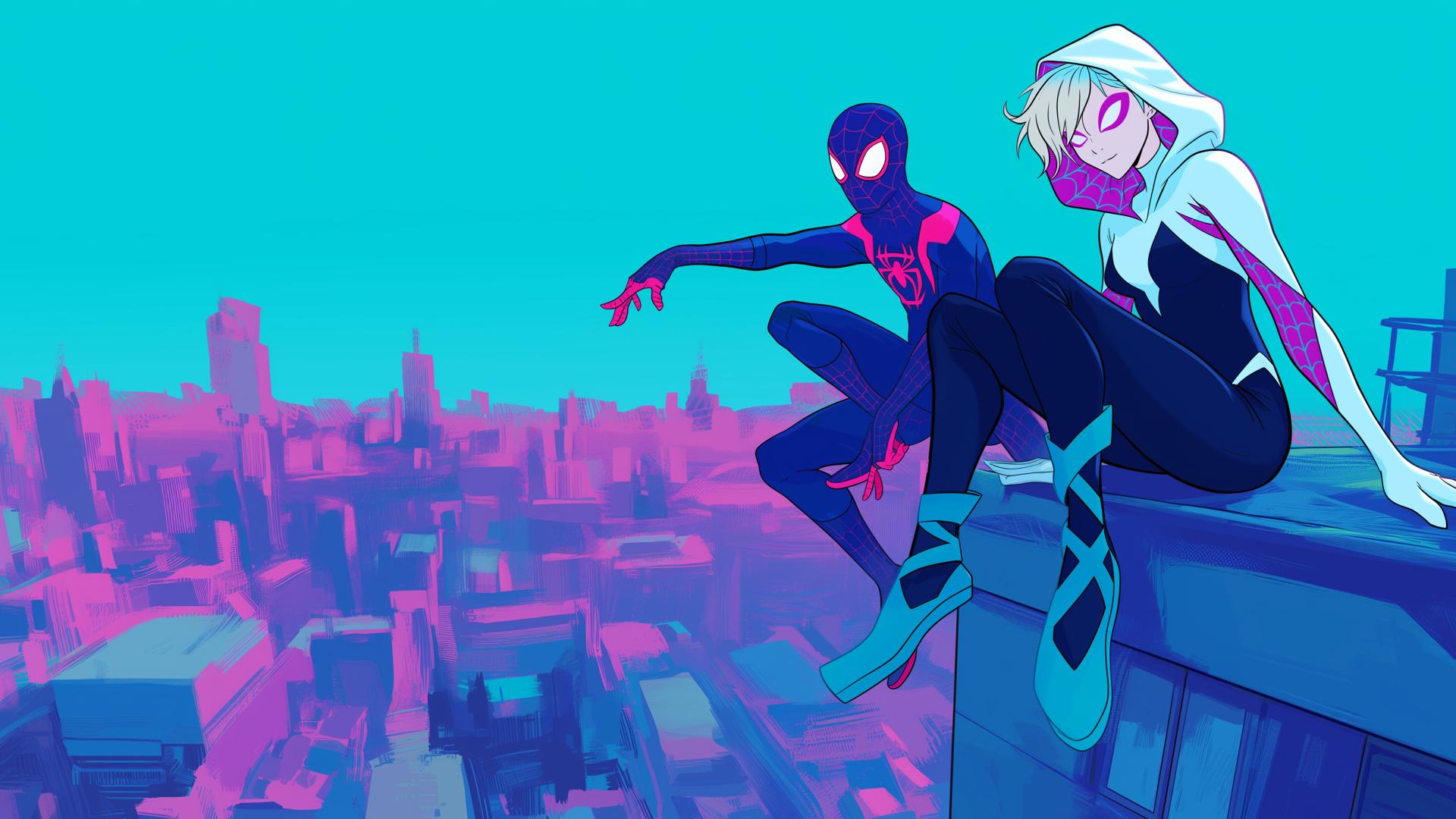 Download Miles Morales Gwen Stacy Spider Verse City Desktop Wallpaper