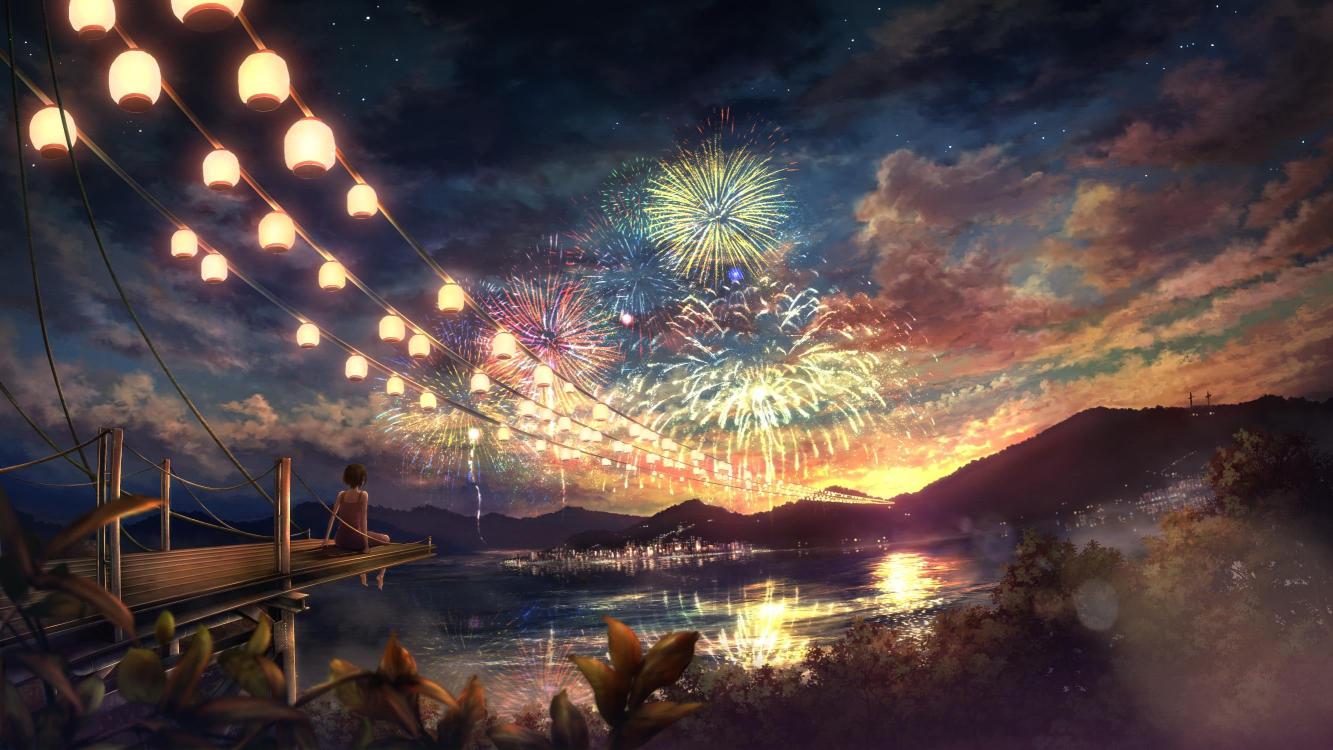 Download Theatrical Scenery Water Fireworks Cloud